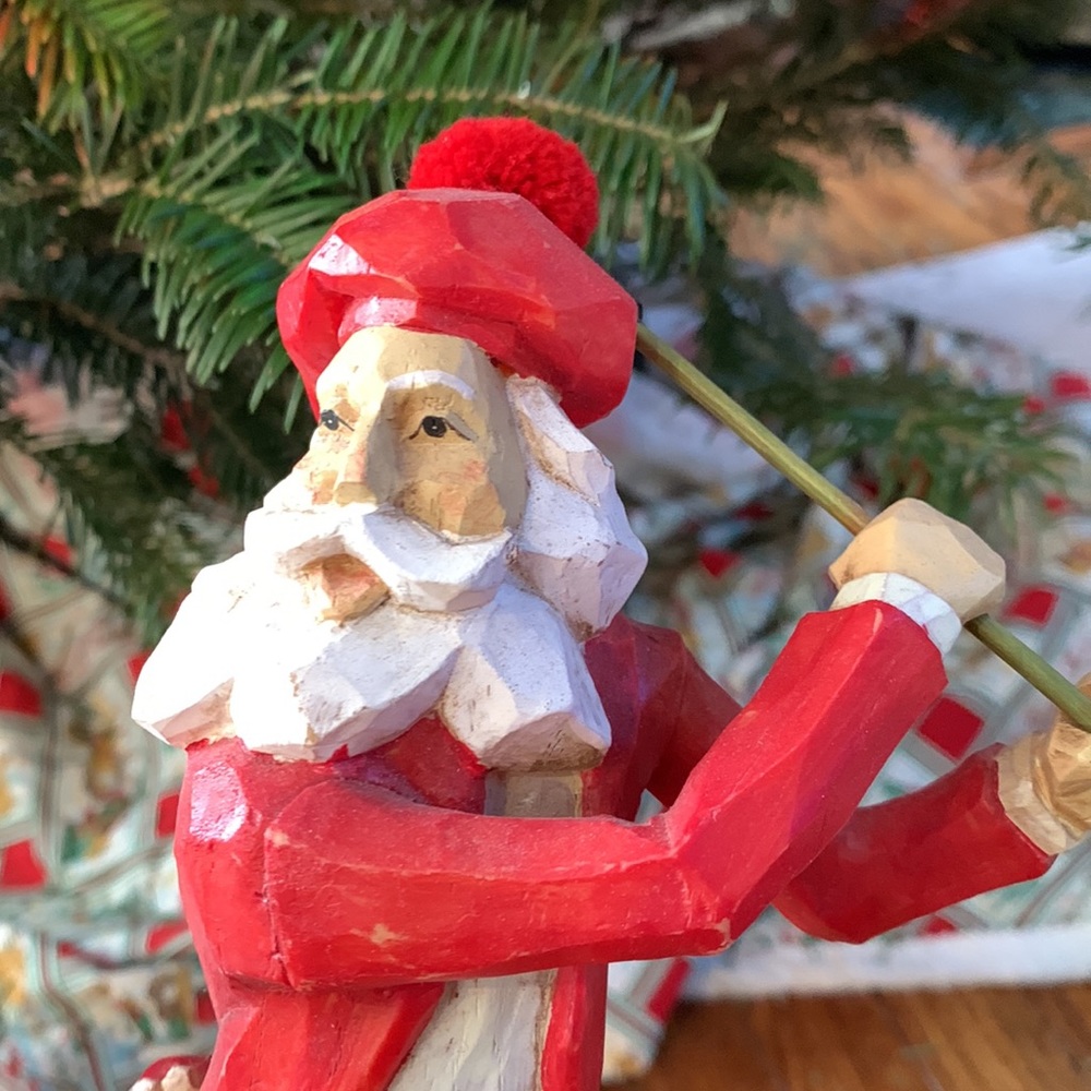 MAKER UNKNOWN | Painted, Wood-carved Santa Golfer in Plus Fours | Stands 19”